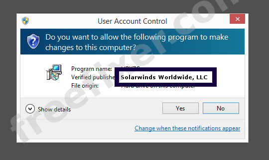 Screenshot where Solarwinds Worldwide, LLC appears as the verified publisher in the UAC dialog